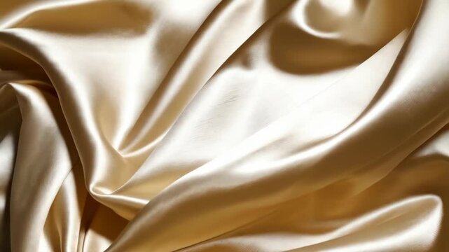 Closeup of luxurious pale gold charmeuse silk fabric with soft folds and reflective texture for backgrounds or designs