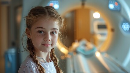 Portrait of a girl in front of MRI machine with blurry backdrop and a big space for text or product, Generative AI.