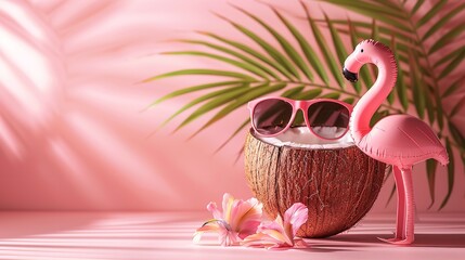 A coconut in pink backdrop with flamingo bird model with a big space for text or product, Generative AI.