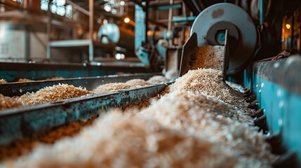 Portrait of the rice processing machinery factory with a big space and blurry backdrop for text or product, Generative AI.