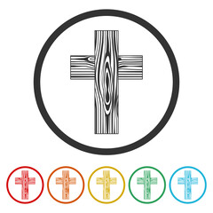 Wood christian cross icon. Set icons in color circle buttons