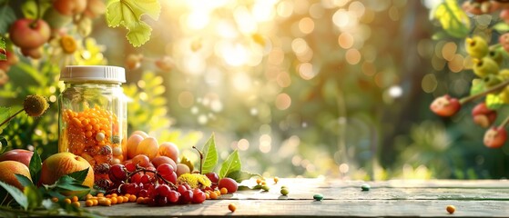 Fresh healthy summer fruits with a nature backdrop in a wooden surface a concept of multivitamin with a nature backdrop, Generative AI.