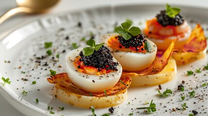 Portrait of quail egg appetizer with squid and shrimp in a white plate with a big space for text or product, Generative AI.