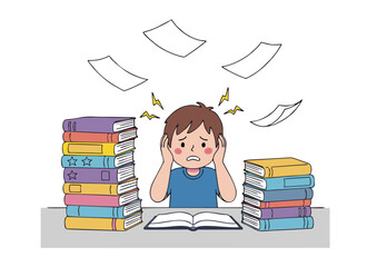 Overwhelmed Student Struggling with Studies, Exams, and Academic Pressure - Illustration