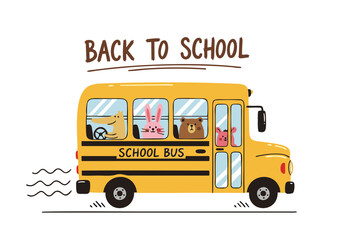 Adorable Animals Riding a School Bus Back to School Illustration