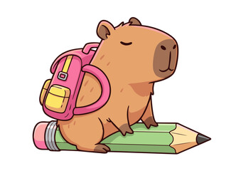 Adorable Capybara Student Back-to-School Illustration Featuring a Cute Rodent with Backpack on Pencil