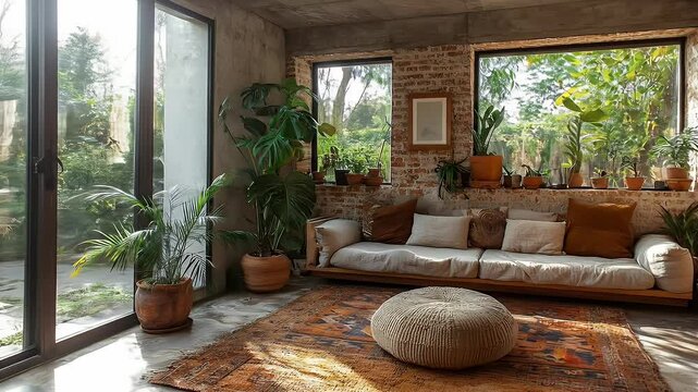 Bright Sunlit Interior Design with Whitewashed Brick Walls Beige Sofa and Earth Toned Oriental Rug in a Minimalist Style