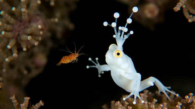 Small white frogfish lunges to catch tiny mysid shrimp. Macro underwater