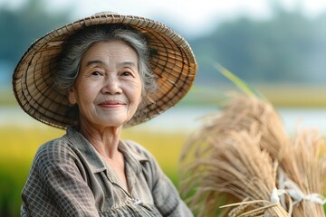 Portrait of Asian middle aged woman working in rice field with a big space for text or product, Generative AI.