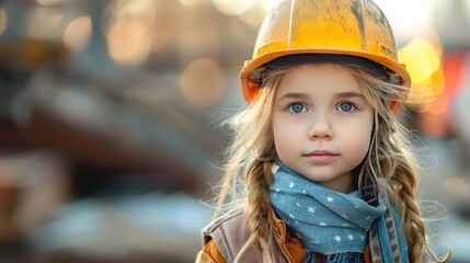 Portrait of lovely little girl in engineer yellow hat standing in outside with a big space for text or product, Generative AI.