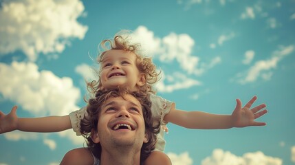 Portrait of happy child on his fathers shoulder with a outside road blurry backdrop and space for text, Generative AI.