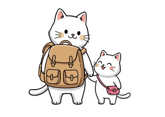 Adorable White Cats Embark on an Exciting Adventure A Whimsical Illustration of a Mother Cat and Kitten