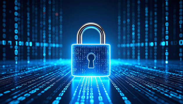 Photo of Digital padlock with binary code background representing cybersecurity and data protection