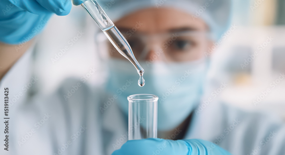 Poster close-up of scientist dropping liquid into a test tube with precision in a lab environment, wearing 