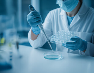 Scientist using a pipette to place samples into a petri dish with a tray of test wells, emphasizing sterile technique and laboratory precision.