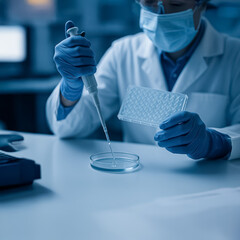 Gloved hands performing lab testing with a pipette over a sterile petri dish and well plate, highlighting scientific accuracy in a blue-toned lab.