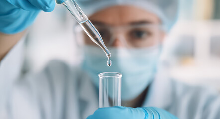 Close-up of scientist dropping liquid into a test tube with precision in a lab environment, wearing gloves and a mask, symbolizing careful research.