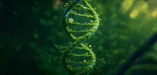 Digital artwork of a DNA strand covered with moss and flowers, blending biotechnology and nature, symbolizing sustainability and genetic innovation.