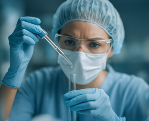 Female scientist with face mask and gloves precisely handling liquid in laboratory setting, emphasizing safety, concentration, and scientific rigor.