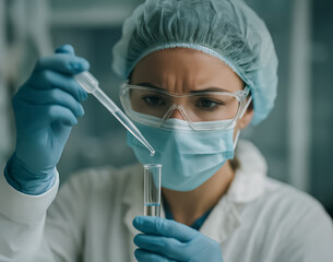 Scientist in protective gear working with pipette and test tube in lab environment, symbolizing precision, research, and modern scientific investigation.