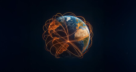 Digital visualization of Earth with glowing orange network lines connecting continents, symbolizing global connectivity, technology, and communication.