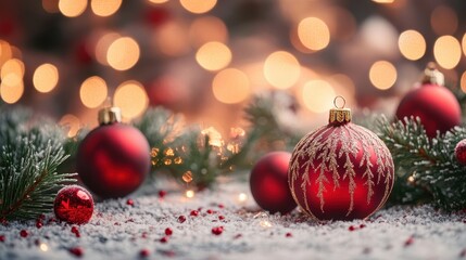Obraz premium Festive red ornaments, snow covered pine, and soft bokeh lights in the background. Perfect for Christmas cards, website headers, and holiday social media posts.