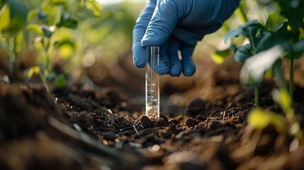 Portrait of hand holding soil sample in a tube with a big space for text or product and a blurry nature backdrop, Generative AI.