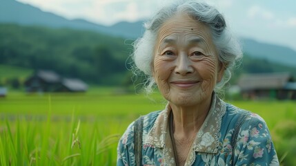 Portrait of Asian aged woman posing against a rice field  with a big space for text or product, Generative AI.