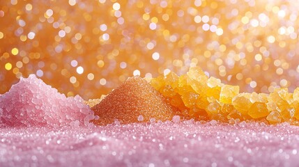 A big copy space of pile of yellow and pink crystal sugars in a pink surface with a big copy space, Generative AI.