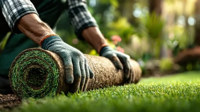 Gardener Laying Turf: A gardener meticulously lays a roll of fresh turf on a bed of vibrant green grass, showcasing the process of creating a lush lawn with careful precision.