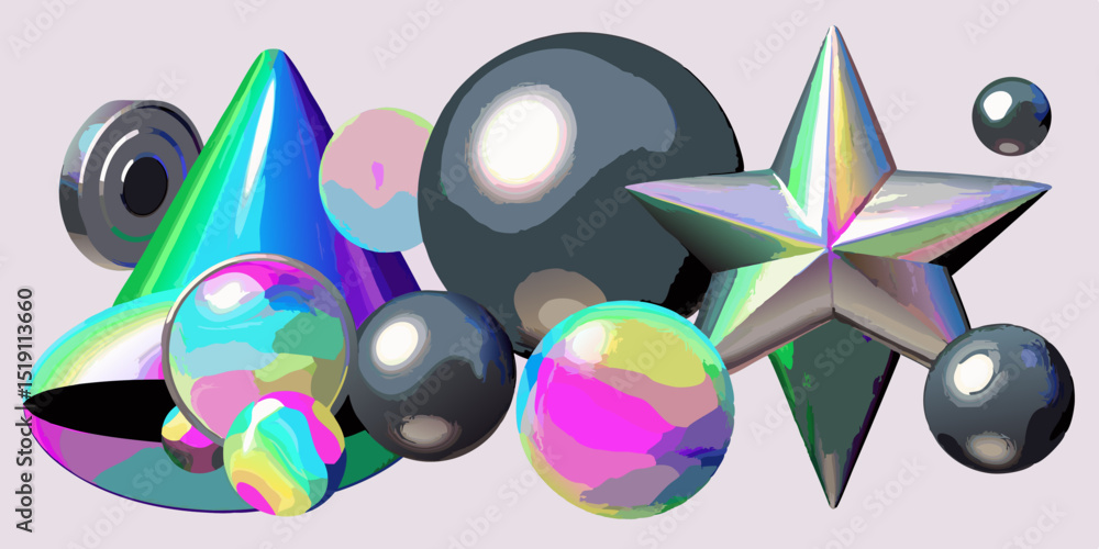 Wall mural a dynamic vector composition featuring metallic abstract shapes with iridescent holographic textures