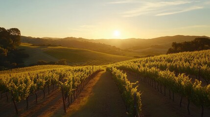 Naklejka premium Golden Hour Vineyard Landscape: Rolling Hills, Sunset Serenity