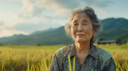 Portrait of Asian aged woman posing against a rice field  with a big space for text or product, Generative AI.