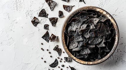 Portrait of organic natural seaweed chips in a ceramic bowl with a space for text or product, Generative AI.