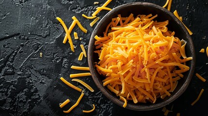 Over a dark backdrop, a bowl of shrunken cheddar cheese shimmers overhead view and space, Generative AI.