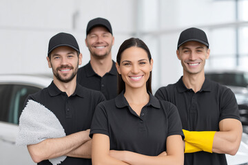 Smiling team of auto detailers in uniforms, ready to provide exceptional vehicle cleaning and maintenance services. Professional and friendly.