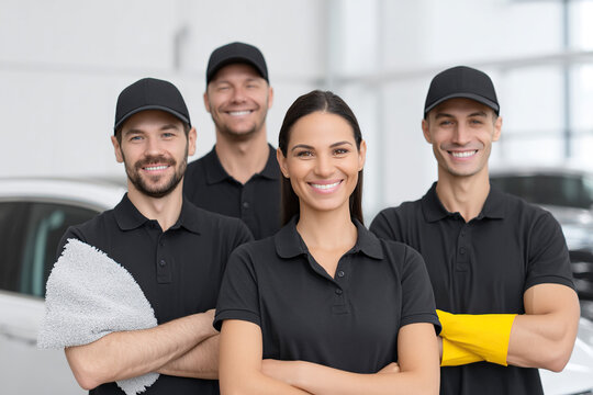 Smiling team of auto detailers in uniforms, ready to provide exceptional vehicle cleaning and maintenance services. Professional and friendly.