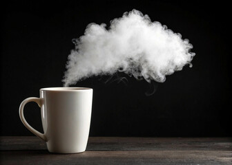White Mug with Fluffy Cloud of Steam Against Dark Background