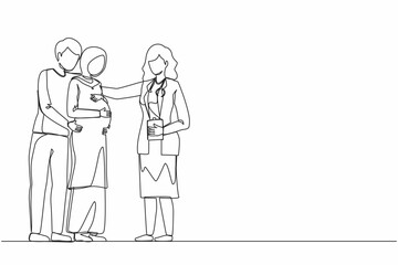 Continuous one line drawing prenatal medicine. Arabian pregnant woman with husband and female doctor. Medical worker in uniform. Consultation, recommendations of physician. Single line design vector