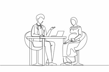 Single one line drawing Arabian pregnant woman on consultation with doctor. Pregnancy and maternity. Happy female character expecting for baby. Continuous line draw design graphic vector illustration