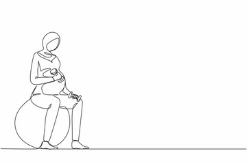 Single continuous line drawing beautiful Arabic pregnant woman exercises with fitball working out with light weights in the gym. fitness, pregnancy concept. One line graphic design vector illustration
