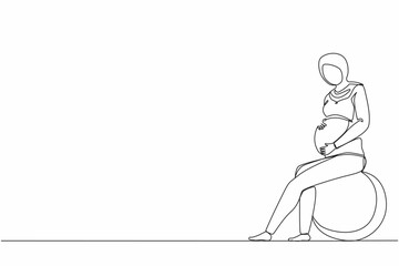 Single continuous line drawing Arab pregnant woman sits on fitball. Sport training for women. Healthy lifestyle. Pregnant fitness girl. Fitness for pregnant female. One line draw graphic design vector