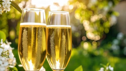 Elegant pair of champagne flutes filled with sparkling wine amidst blossoming white flowers and lush green foliage on a sunny day