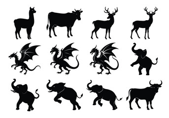 Silhouettes of Animals and Mythical Creatures – Vector Set on white background