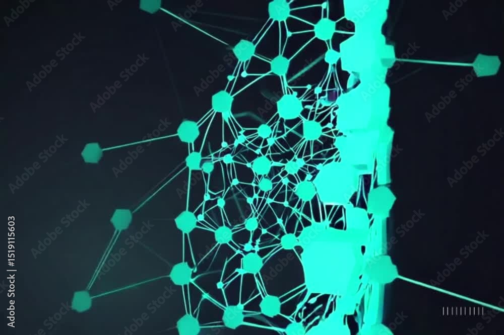 Poster abstract animation of connected network of dots and lines in neon cyan against a dark background