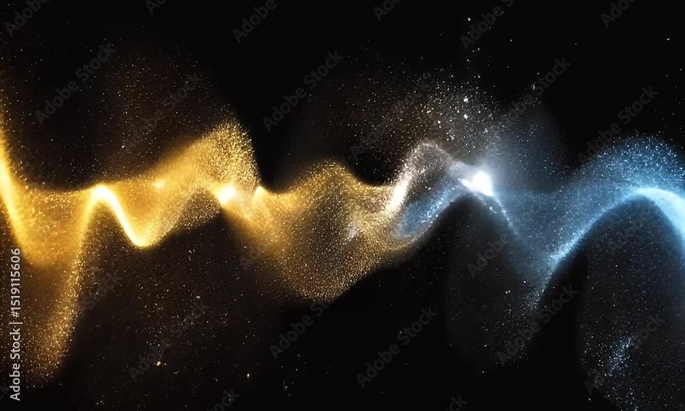 Aufkleber abstract background with flowing blue and gold particles wave on black backdrop shiny and futuristic