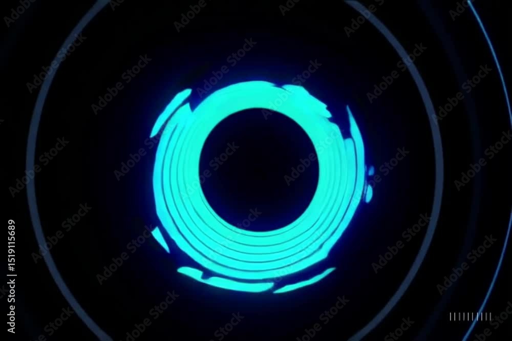 Poster abstract animated digital art showcasing a cyan glowing circular vortex tunnel effect against a dark