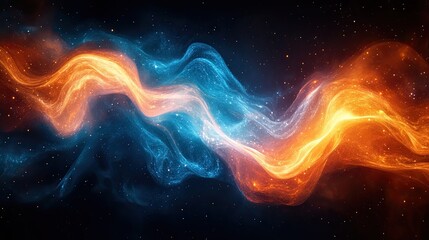Abstract glowing liquid waves with a cosmic atmosphere, swirling in orange and blue for a dynamic effect.