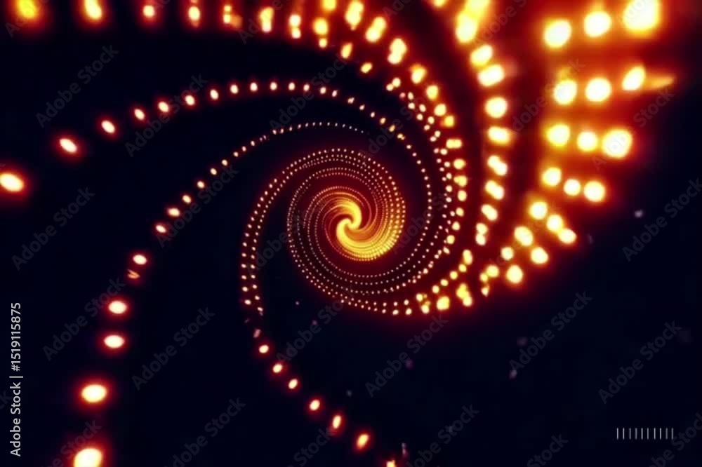 Poster animated visualization of a spiraling tunnel of golden illuminated light dot particles on a dark bac