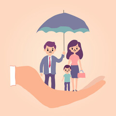 Life insurance, family protection to assure members will be financially supported and risk cover concept, lovely family with husband, wife and kids in supporting hand with umbrella cover protection.